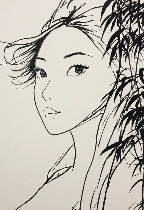 girl，black and white painting，Outline with black ink，smooth lines，通过墨迹的浓淡对比展现girl的表情和姿态，The background is simple，emphasize light, shadow and space，lots of white space，Use thick and light inks to create light and dark changes and layers，Choose the right ink...