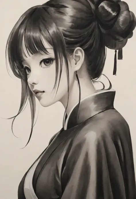 girl，black and white painting，outline with black ink，smooth lines，通过墨迹的浓淡对比展现girl的表情和姿态，the background is simple，emphasize light...