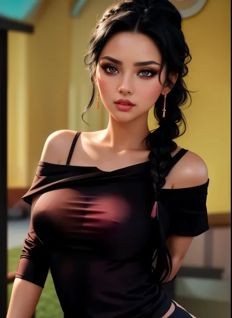 Sexy woman, black hair, single braid, seductive eyes, intense gaze, mouth parted, deep blush, flustered, beautiful face, amazing makeup, off shoulder t shirt