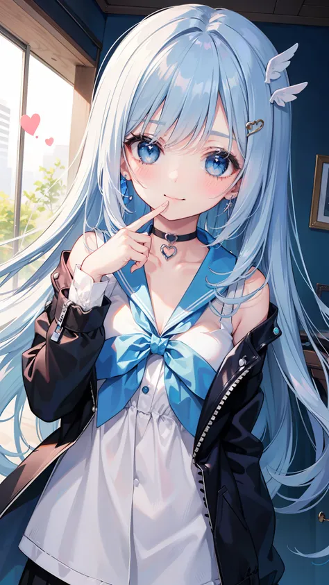 rating:safe, 1girl, solo, blue_eyes, long_hair, smile, choker, blush, blue_hair, magical_girl, hair_ornament, heart, v, blue_neckwear, looking_at_viewer, collarbone, finger_to_mouth, blue_choker