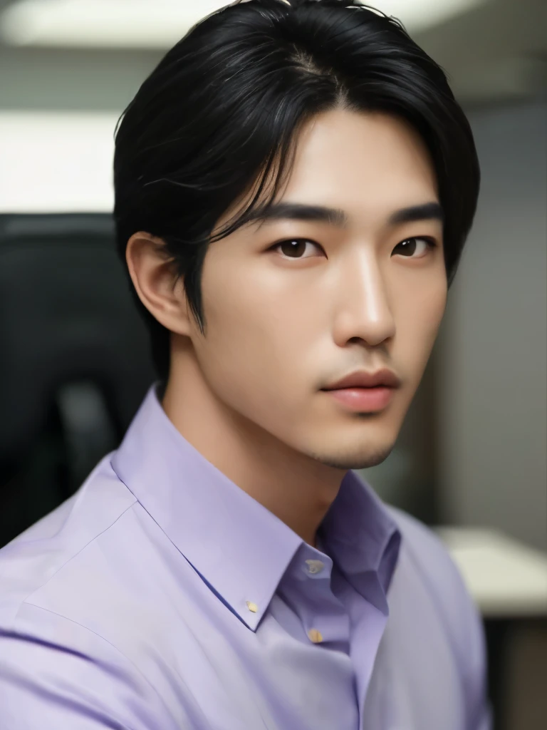 (masterpiece), (extremely intricate:1.3),, (realistic), Korean Man, Clear facial features, black hair, Happy, in pffice, the most handsome in the world, (light purple office shirt),  full body, photo studios, professional photograph of a stunning man detai...