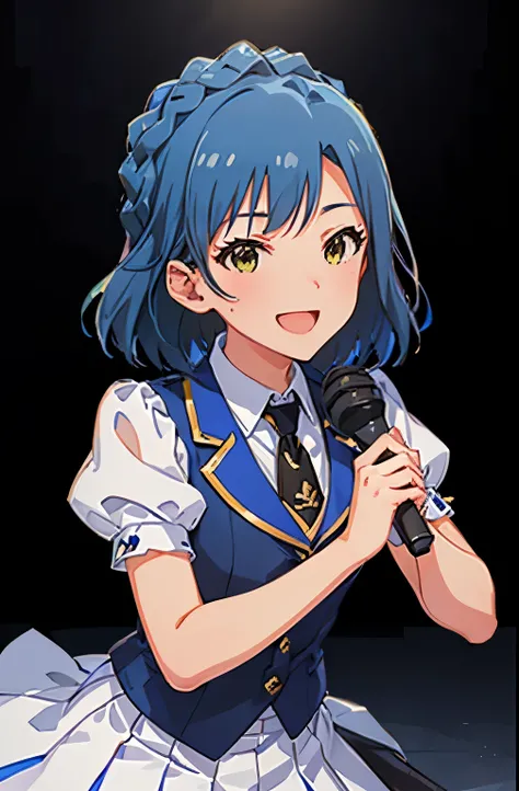 yuriko nanao (million live), 1 girl, Solo, Cute Girl, Best Quality, Ultra-detailed, 8K, High resolution, (((upper body, face focus:1.3))), Detailed face, falling down, singing on the stage, holding a microphone, looking at viewer, (smile, ;d:1.5), opened m...