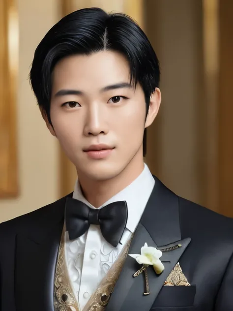 (masterpiece), (extremely intricate:1.3),, (realistic), Korean Man, Clear facial features, black hair, Happy, in hotel,  the most handsome in the world, (black suit),  full body, photo studios, professional photograph of a stunning man detailed, detailed f...