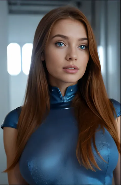 (best quality,4k,ultra-detailed,realistic), lean fit girl standing ,ginger woman,space,futuristic blue space suit,cute face,blue eyes,detailed eyes,sci-fi,dystopian, huge breasts:1.1, round breasts:1.1