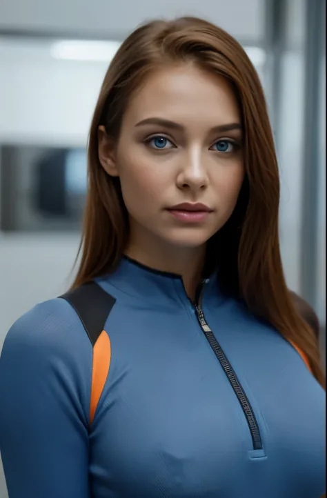 (best quality,4k,ultra-detailed,realistic), lean fit girl standing ,ginger woman,space,futuristic blue space suit,cute face,blue eyes,detailed eyes,sci-fi,dystopian, huge breasts:1.1, round breasts:1.1