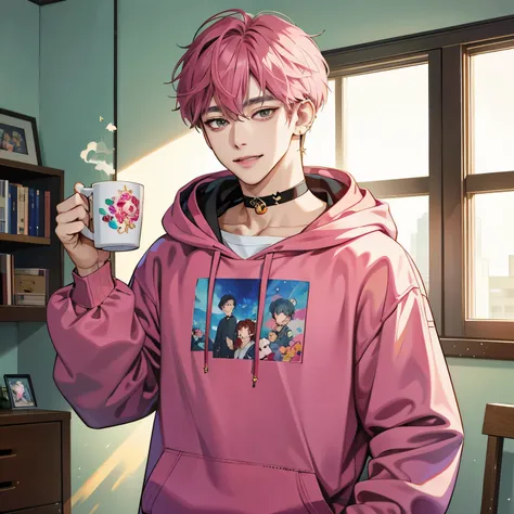 Guviz-style artwork, Made at Anime Painter Studio, anime realism style, realistic anime art style, Drawn at Anime Painter Studio, Inspired by Kim Taehyung, In an anime style, anime handsome man, dark pink hair、A sloppy smile、choker、Multiple piercings、Man w...