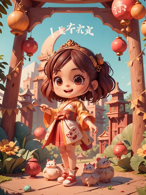 Cute new year theme，Create a collection of adorable chibi style china dolls, Each with tons of detail and 8K resolution. All dolls should follow the same Chinese architectural background,red lanterns around, mini china doll: Call her Marina. She must have ...