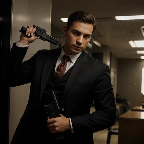 An agent wearing a suit, with a gun, has a buzzy haircut, loading his gun