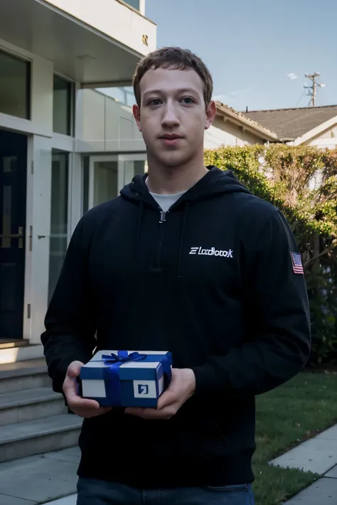 A man was standing in front of the house, holding a gift box with label: To ALoi, zuckerberg, mark zuckerberg, photo of mark zuckerberg, mark zuckenberg, cyborg mark zuckerberg, portrait of mark zuckerberg, portrait of a mark zuckerberg, animatronic mark z...