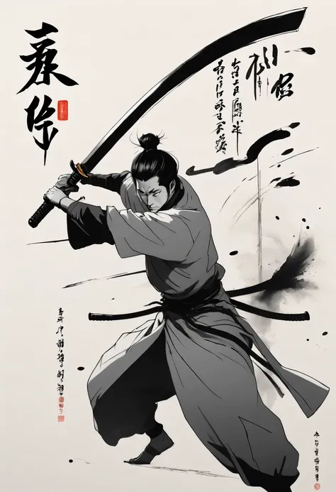 poster design,Ink swordsman， Outline with black ink，smooth lines，Displays characters&#39; Express expressions and postures through ink contrast，The background is simple，emphasize light, shadow and space。