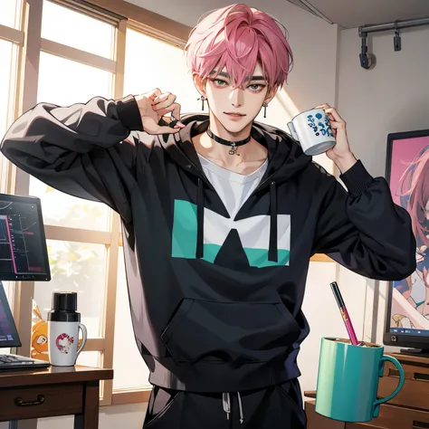 Guviz-style artwork, Made at Anime Painter Studio, anime realism style, realistic anime art style, Drawn at Anime Painter Studio, Inspired by Kim Taehyung, In an anime style, anime handsome man, dark pink hair、A sloppy smile、choker、Multiple piercings、Man w...