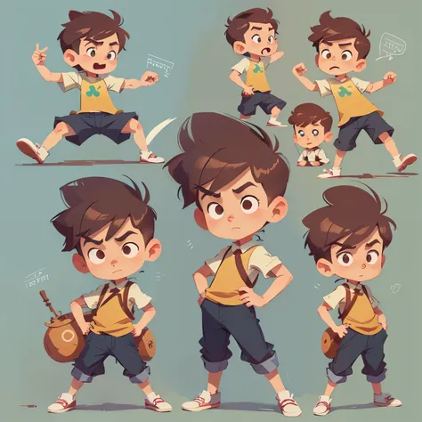 Cartoon character of boy in different poses and poses, Cartoon concept art, very stylized role conception, stylized role conception, highly detailed role conception, artstation for kids art, role conception, Disney character style, Concept art of single bo...