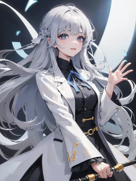 1 girl、blouse、long hair with gray hair、light blue eyes、hair arrange、black shirt、white blazer、wear a blue ribbon on the chest、smiling girl、drooping eyes、droopy eyes、17 years old、Patsun bangs、Highest image quality、simple clothes、white background、eye highligh...