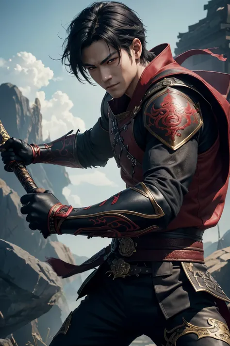 8K、solo、16 year old boy,Super handsome boy(like the real thing),red eyes(red glowing effect),Super handsome boy,black bob hair,black demon slayer armor,black pants(demon emblem embroidery),golden decoration,facing there、long and large Japanese sword,demon ...