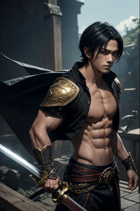 8K、solo、16 year old boy,super handsome boy(like the real thing),handsome boy with black eyes,Black hair short bob hair,Black and red exterior,golden decoration,facing there、long and large Japanese sword,demon slayer boy,Remains,magnificent artwork、wind eff...