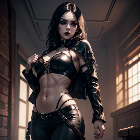 1 girl, heavy goth makeup, fantasy character, cyberpunk horror, dark fantasy, navel, gothic mage, muscular abs, leather lace corset cropped top, leather pants, sensual
