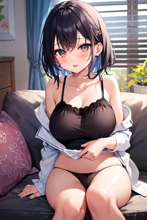 masterpiece、Highest image quality、ultra high resolution、NSFW、big breasted elementary school girl、short hair、red face、shyly、mock、Please open your mouth just a little、Breast-showing camisole for elementary school girls、Thong panties for elementary school gir...