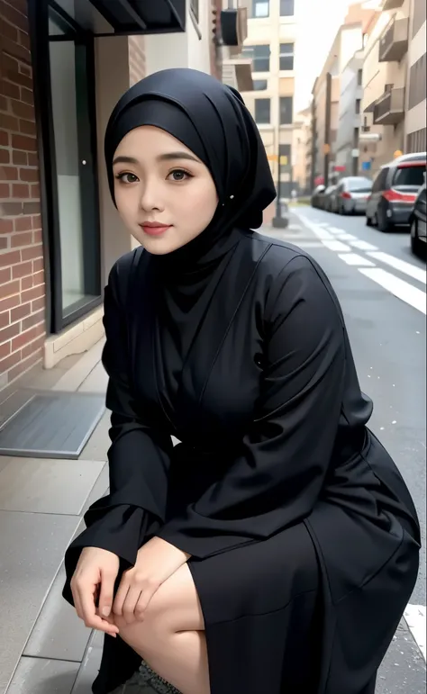 arafed woman in a black outfit Sitting in a chair on a sidewalk, hijab fashion model, hijabi outfit, thicc, hijab, korean woman, wearing black robe, asian woman, bbwchan, photograph of a techwear woman, hijab, wearing a black robe, woman in black robes, ca...