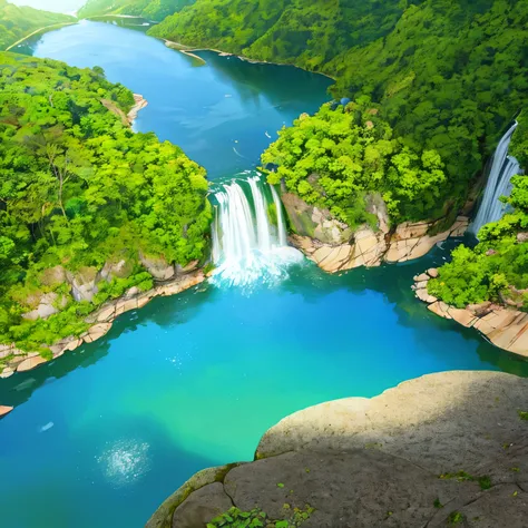 Uma paisagem com pedras altas em volta, de cor clara. There is a waterfall between some rocks, and below there is a lake with super crystal clear water, water green in color