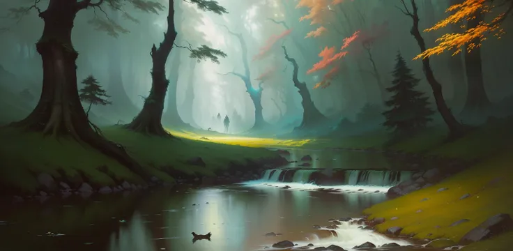 a painting of a stream running through a forest full of trees, estilo andreas rocha, andreas rocha e john howe, arte conceitual altamente realista, arte conceitual ambiental, inspired por Andreas Rocha, pintura de ambiente, por Andreas Rocha, arte conceitu...