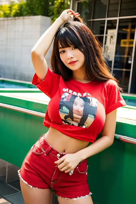 Sexy Asia woman with big breasts, wearing a t-shirt that says "DEGEN".

Wearing red shorts.