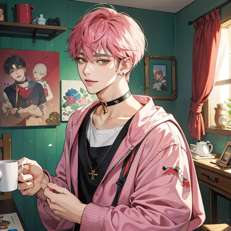 Guviz-style artwork,  anime realism style, realistic anime art style, Drawn at Anime Painter Studio, Inspired by Kim Taehyung, In an anime style, anime handsome man, dark pink hair、A sloppy smile、choker、Multiple piercings、Man with short hair、One man、gray e...