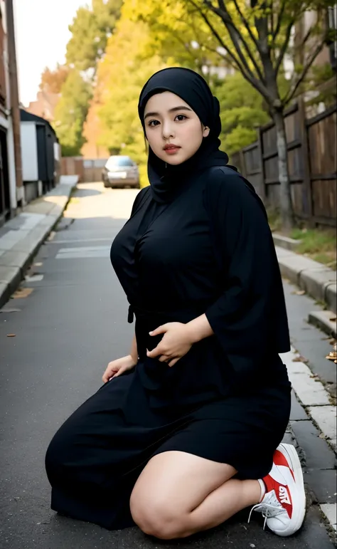 arafed woman in a black outfit sitting in a chair on a sidewalk, hijab fashion model, hijabi outfit, thicc, hijab, korean woman,...