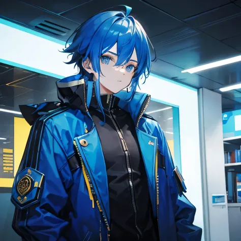 man wearing blue cyberpunk jacket with dark combination and golden blue crown