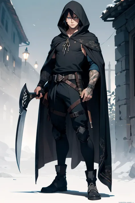 (extremely detailed 8k wallpaper), a full body shot photo of a fearful young rogue, male, male focus, black hair, blue eyes, black assassin hooded clothing, medieval, intricate, high detail, with a blade in his hand