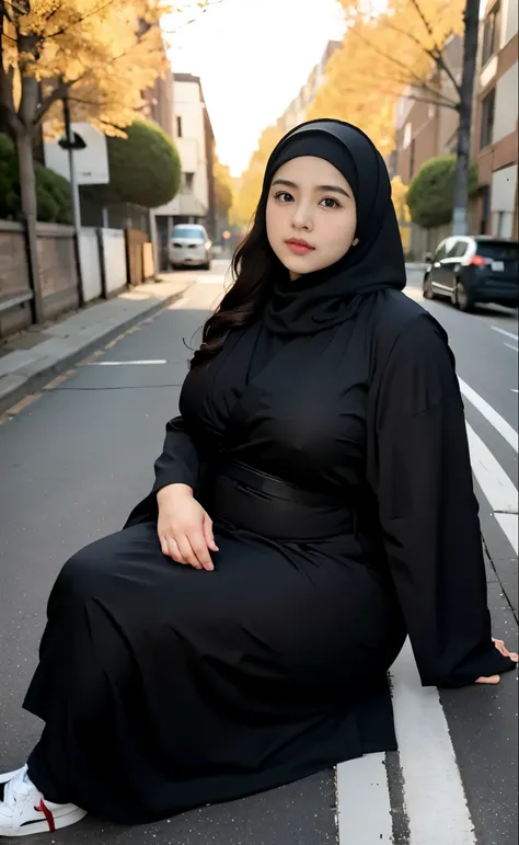 arafed woman in a black dress outfit Sitting in a chair on a sidewalk, hijab fashion model, hijabi outfit, thicc, hijab, korean woman, wearing black robe, asian woman, bbwchan, photograph of a techwear woman, hijab, wearing a black robe, woman in black rob...