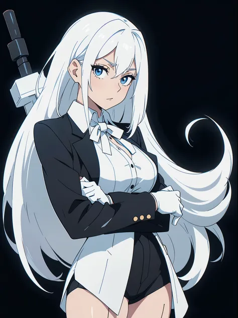 ((White hair)),((Head and Shoulders Image)),(super-long hair),Sexy,A person,Alone,Simple style,pancake ,Simple details,Black background,Empty background,Black background wall,(20 year old woman),(Cotehardie),(White Gloves),Lace Shirt,Waistcoat,(Pray)