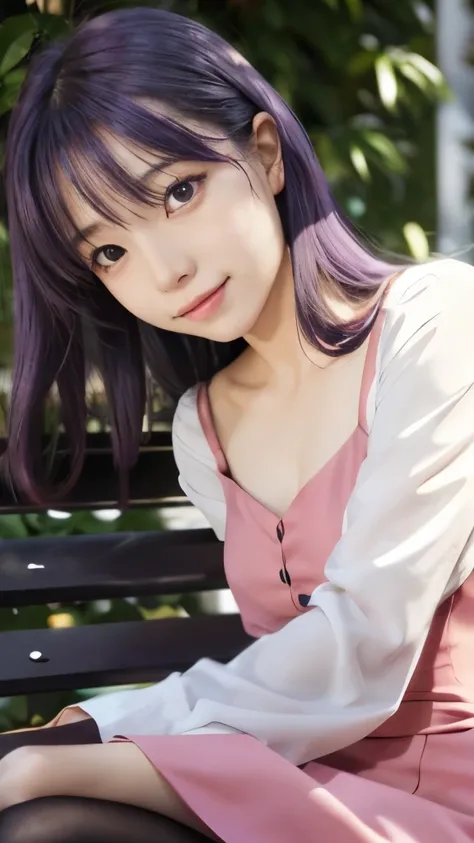 anime girl with purple hair and a pink dress sitting on a bench, misato katsuragi, rei hiroe, close up iwakura lain, iwakura lain, yuyushiki, gapmoe yandere, reisen udongein inaba, tsubasa nakais style, anime girl named lucy, close up of iwakura lain