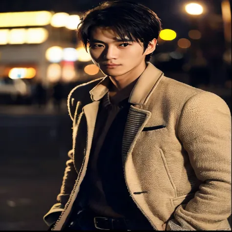 A rough man wearing a coat standing on the street々new image, inspired by Zhang Han, Shin Jin Young, Kim Do-young, wonbin lee, siwoo kim, by Tadashi Nakayama, male ulzzang, young one angel, handsome man, Inspired by Bian Shoumin, inspired by Tadashi Nakayam...