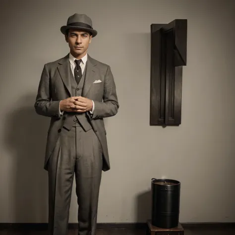 arafed man in a suit and hat standing with his hands in his pockets, inspired by Edward Corbett, 1 9 2 0 s film actor, in the 1920s, 1 9 2 0 s cloth style, he looks very sophisticated, early 20s, well - dressed, 1920s picture, inspired by Ramon Pichot