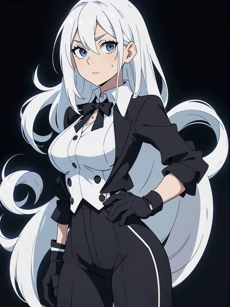 ((White hair)),((Head and Shoulders Image)),(super-long hair),Sexy,A person,Alone,Simple style,pancake ,Simple details,Black background,Empty background,Black background wall,(20 year old woman),(Cotehardie),(White Gloves),Lace Shirt,Waistcoat,(Pray)