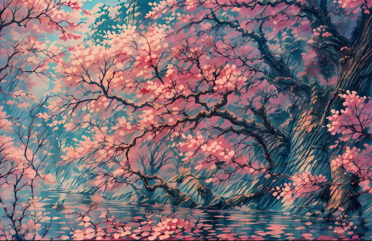 anime scene of a river with a bridge and a tree with pink flowers, cherry blossom forest, lush sakura, lush sakura trees, flowin...