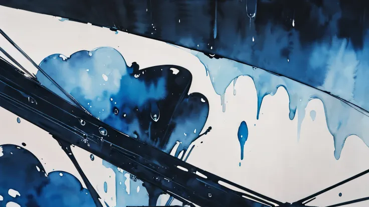 ((masutepiece)), (abstract art:1.5), (High Definition), Best Quality, (watercolor painting:1.3), from below, wide shot, (erotic atmosphere), raindrops, (simple black and blue background:1.10), pale silver fine ink, landscape