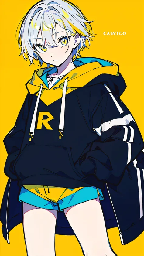 (masterpiece, highest quality:1.6), alone, thick outline, (simple background, Dark yellow background, monochrome, dark yellow theme:1.2), official art, Key Visual, 8K, confused, whole body, (Unique hair, oversized hoodie, hot pants, arch back, short torso:...