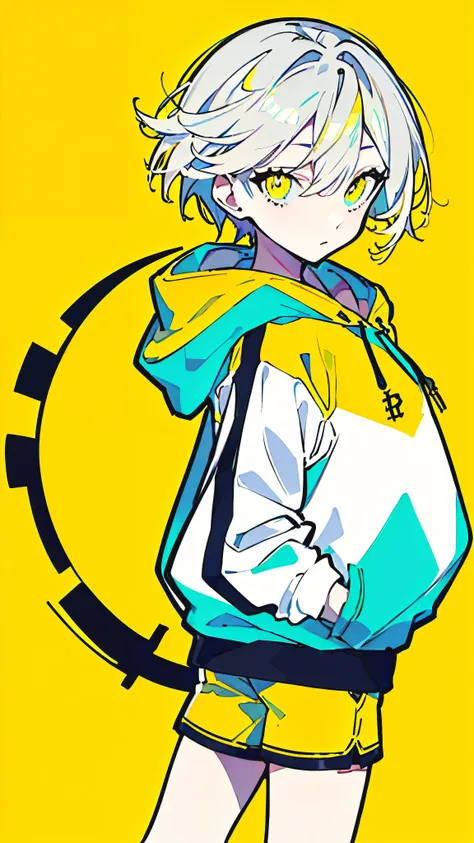 (masterpiece, highest quality:1.6), alone, thick outline, (simple background, Dark yellow background, monochrome, dark yellow theme:1.2), official art, Key Visual, girl, 8K, confused, whole body, (Unique hair, oversized hoodie, hot pants, arch back, short ...