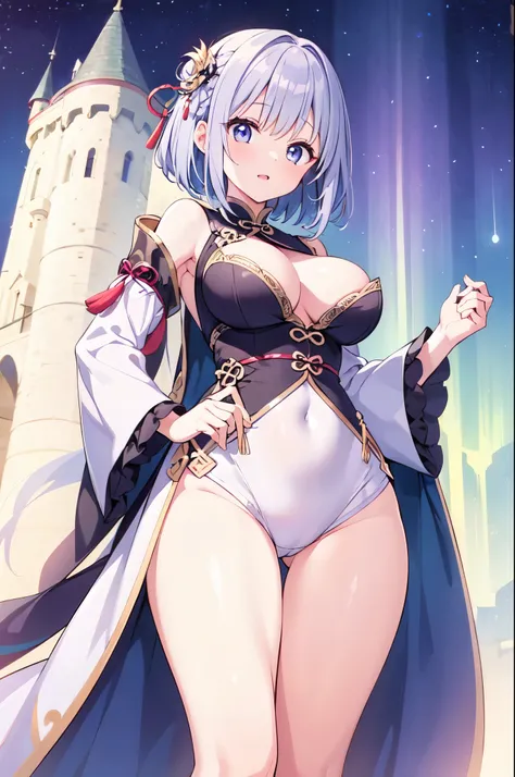 （masterpiece）、(highest quality)、((Super detailed))、(super delicate)、naughty chinese princess、Pastel colors hair、beautiful breasts、gorgeous castle、Fantastic starry sky、aurora、look up from below