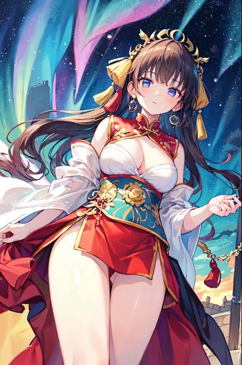 （masterpiece）、(highest quality)、((Super detailed))、(super delicate)、naughty chinese princess、Pastel colors hair、beautiful breasts、gorgeous castle、Fantastic starry sky、aurora、look up from below