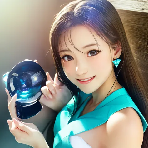 masterpiece, best quality, ultra-detailed, illustration,(1girl),beautiful detailed eyes, looking at viewer, (holding a computer keyboard), happy, (turquoise hair:1), (blue rounded eyes:1), (round earring), (turquoise big gem necklace), cute round face, lon...