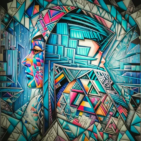 side view, eduardo kobra quilting, multidimensional geometric wall potrait, chibi, arte, beautiful, colouring, primary works, qu...