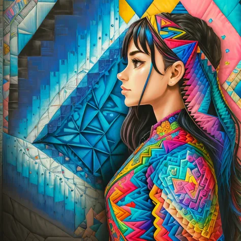 side view, eduardo kobra quilting, multidimensional geometric wall potrait, chibi, arte, beautiful, colouring, primary works, qu...