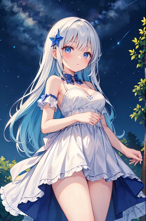 （masterpiece）、(highest quality)、((Super detailed))、(super delicate)、cute、Pastel colors hair、beautiful breasts、Gorgeous、Fantastic forest and starry sky、Golden, silver, and deep blue dress、look up from below