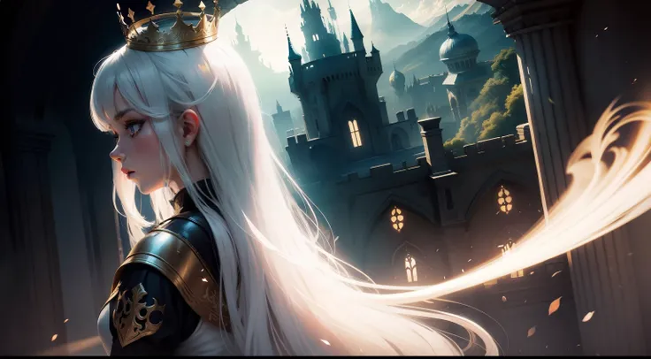 1girl,solo,(beutiful light shadow),hair white,crown queen hair,magic,view behind,a world of light and shadow,fantasy,kingdom