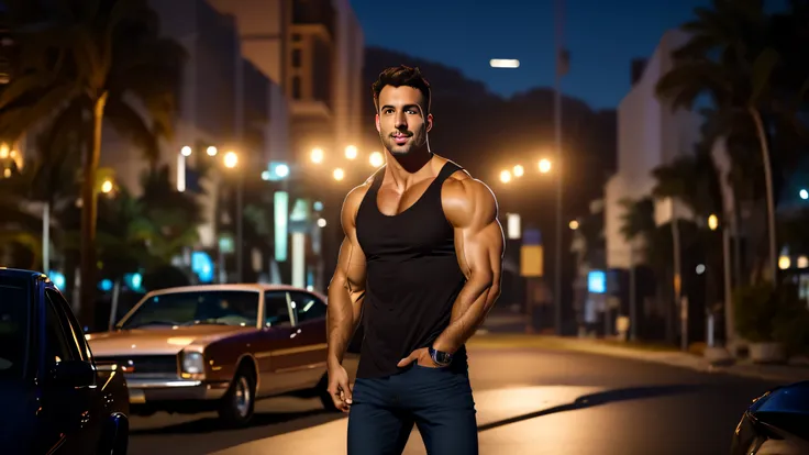 arafed man standing in the middle of a street at night, attractive man, attractive male, handsome man, handsome male, strong masculine features, wearing a muscle tee shirt, mid-shot of a hunky, lean man with light tan skin, beautiful man, muscular male, st...