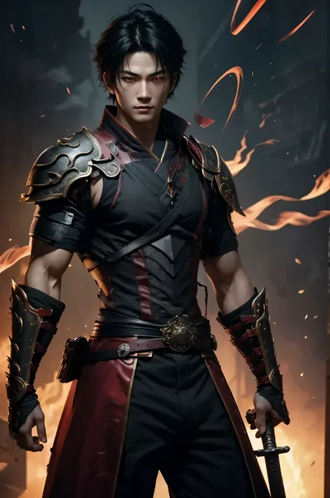 8K、solo、16 year old boy,Super handsome boy(like the real thing),red eyes(red glowing effect),Super handsome boy,black bob hair,black demon slayer armor,black pants(demon emblem embroidery),golden decoration,facing there、long and large Japanese sword,demon ...