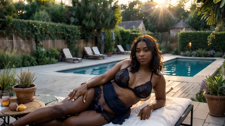 ((joyful ((plump ((dark-skinned French)) MILF)) sitting poolside while judging baguette competition, (wearing detailed sheer amethyst-colored lace negligee), (wearing antique lace necklace), (bright flower tattoos on arms and legs), plump legs spread apart...