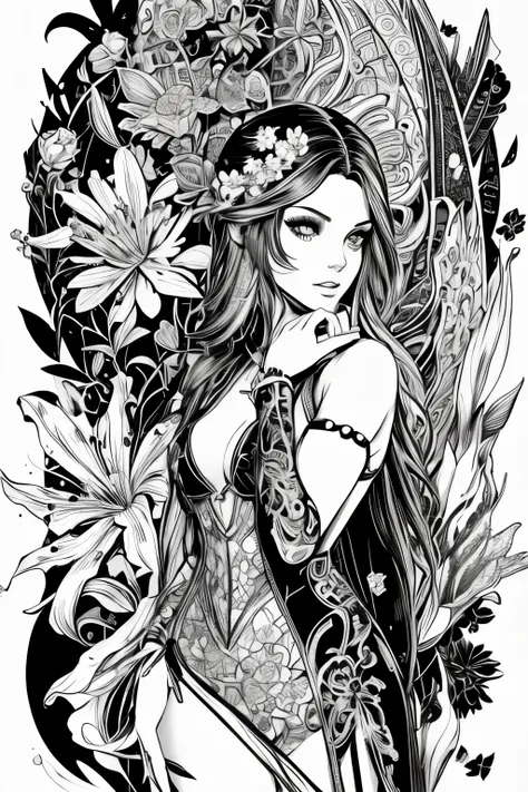 adult coloring book, masterpiece, best quality, intricate details, highly detailed, black and white stick figure 1 girl with riv...